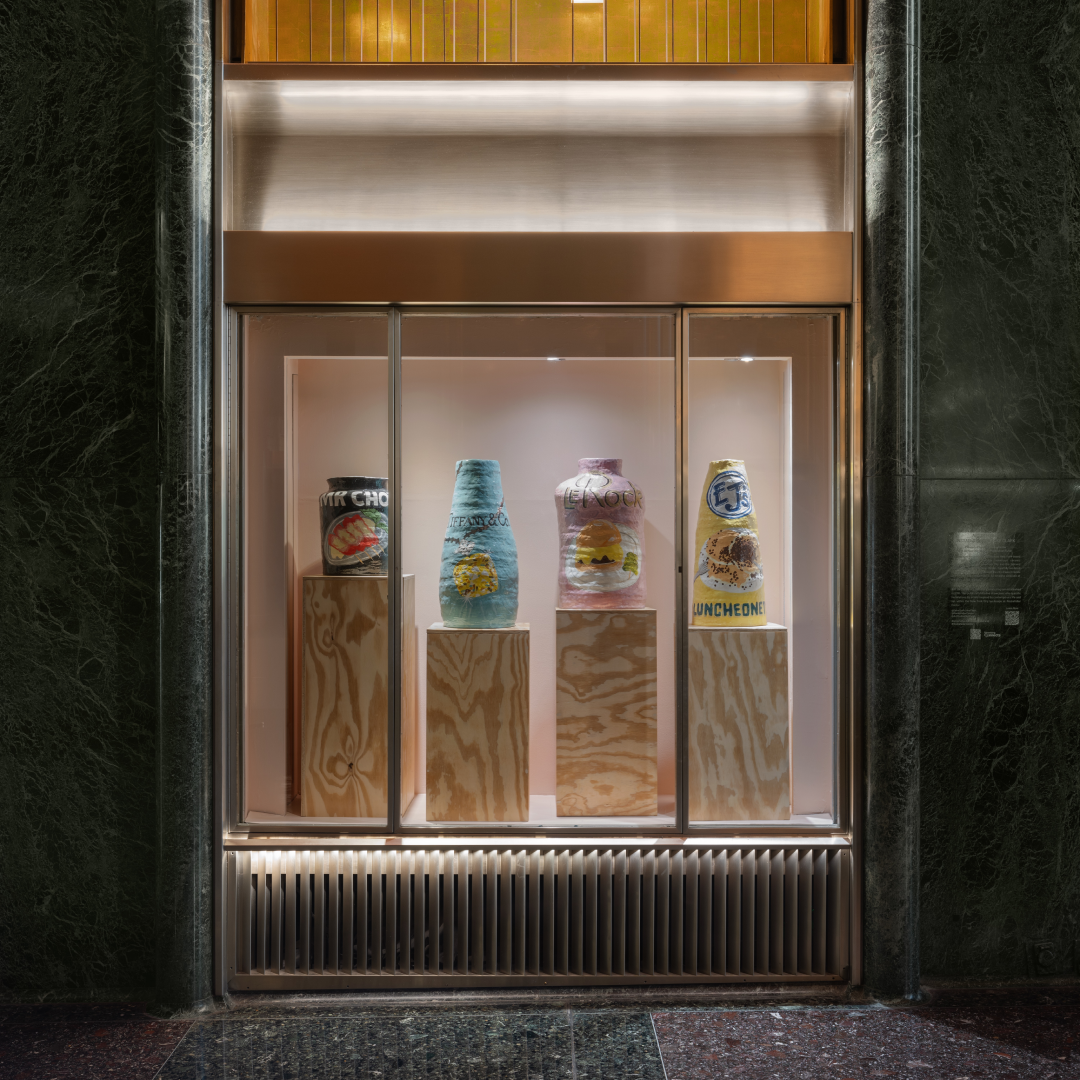 Artist Jake Clark's ceramic pieces on display at Rockefeller Center