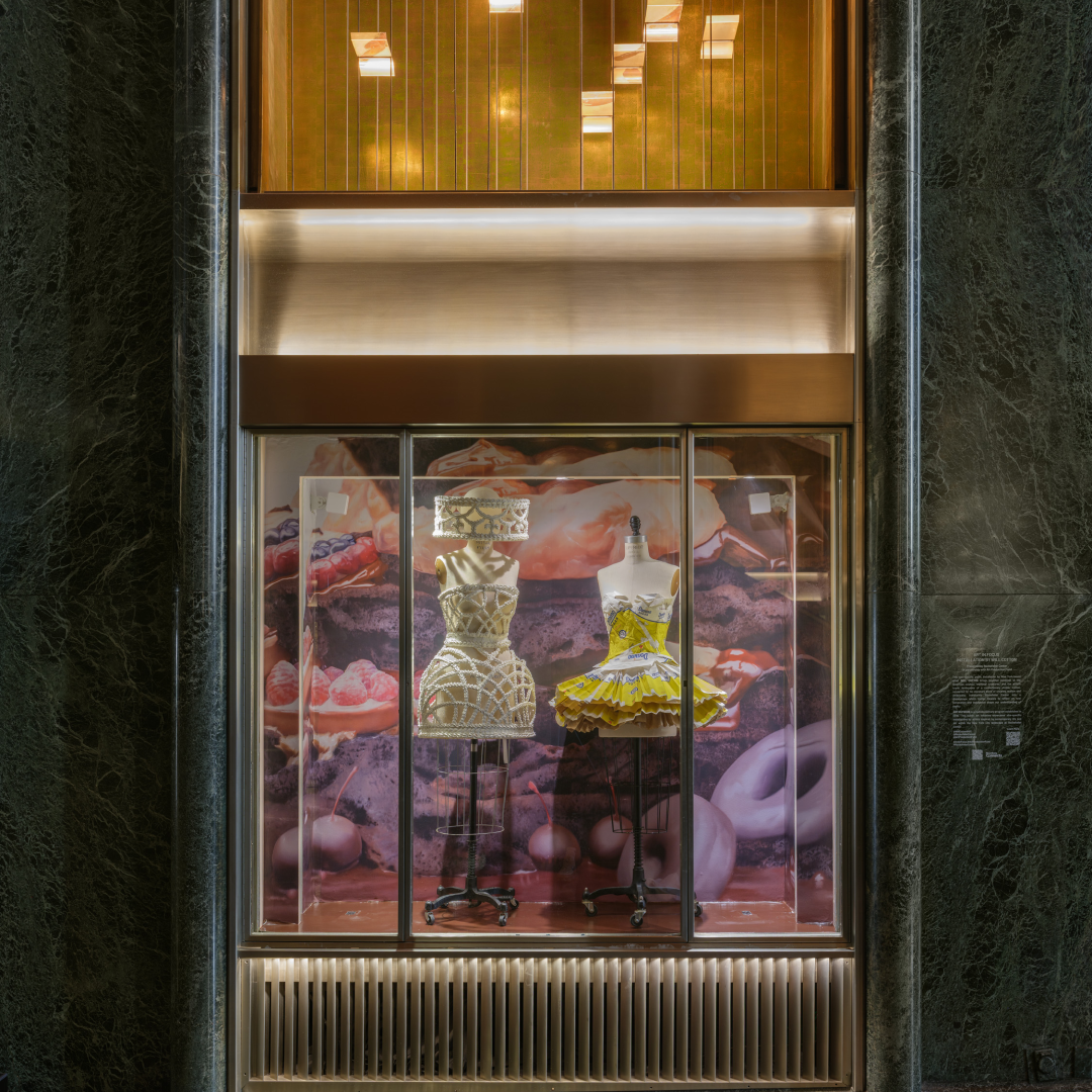 Two dress sculptures by artist Will Cotton on display at Rockefeller Center