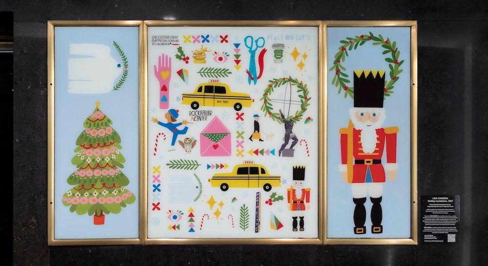 Holiday illustrations by artist Lisa Congdon on display at Rockefeller Center