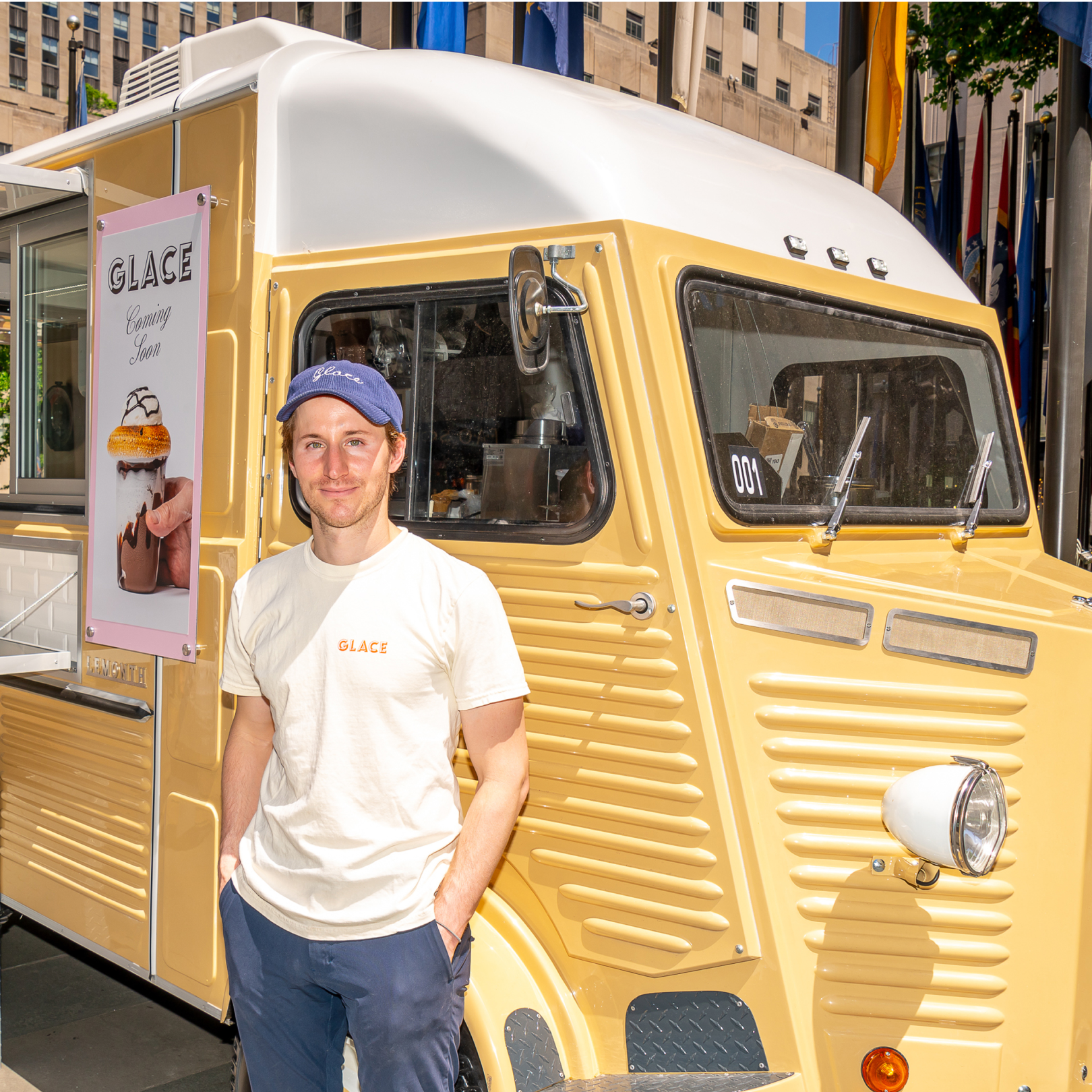 Glace founder Sasha Zabar standing in front of the Glace truck at Rockefeller Center