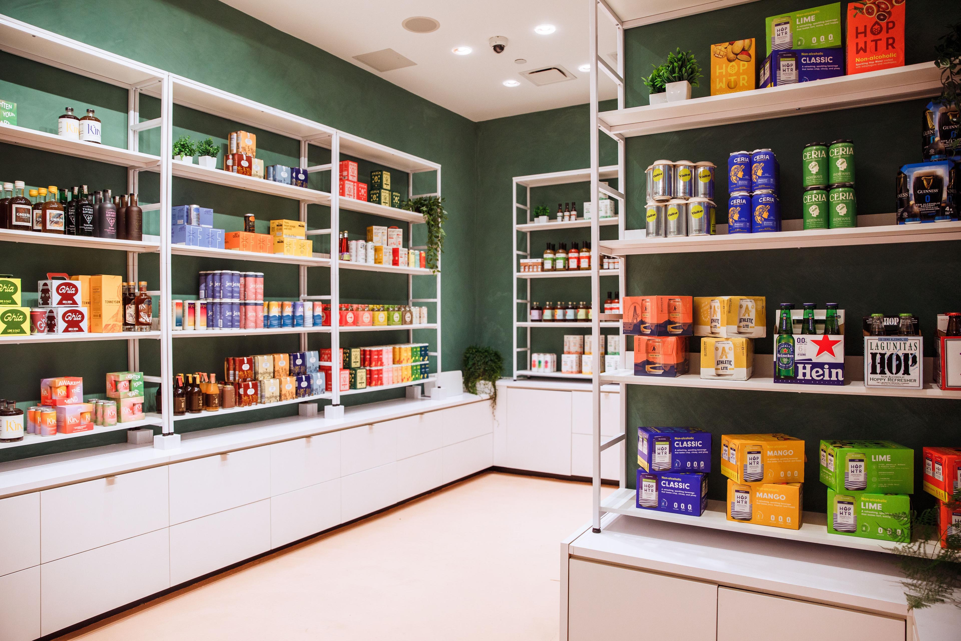 Shelves of non-alcoholic beverages and mixers at Boisson at Rockefeller Center