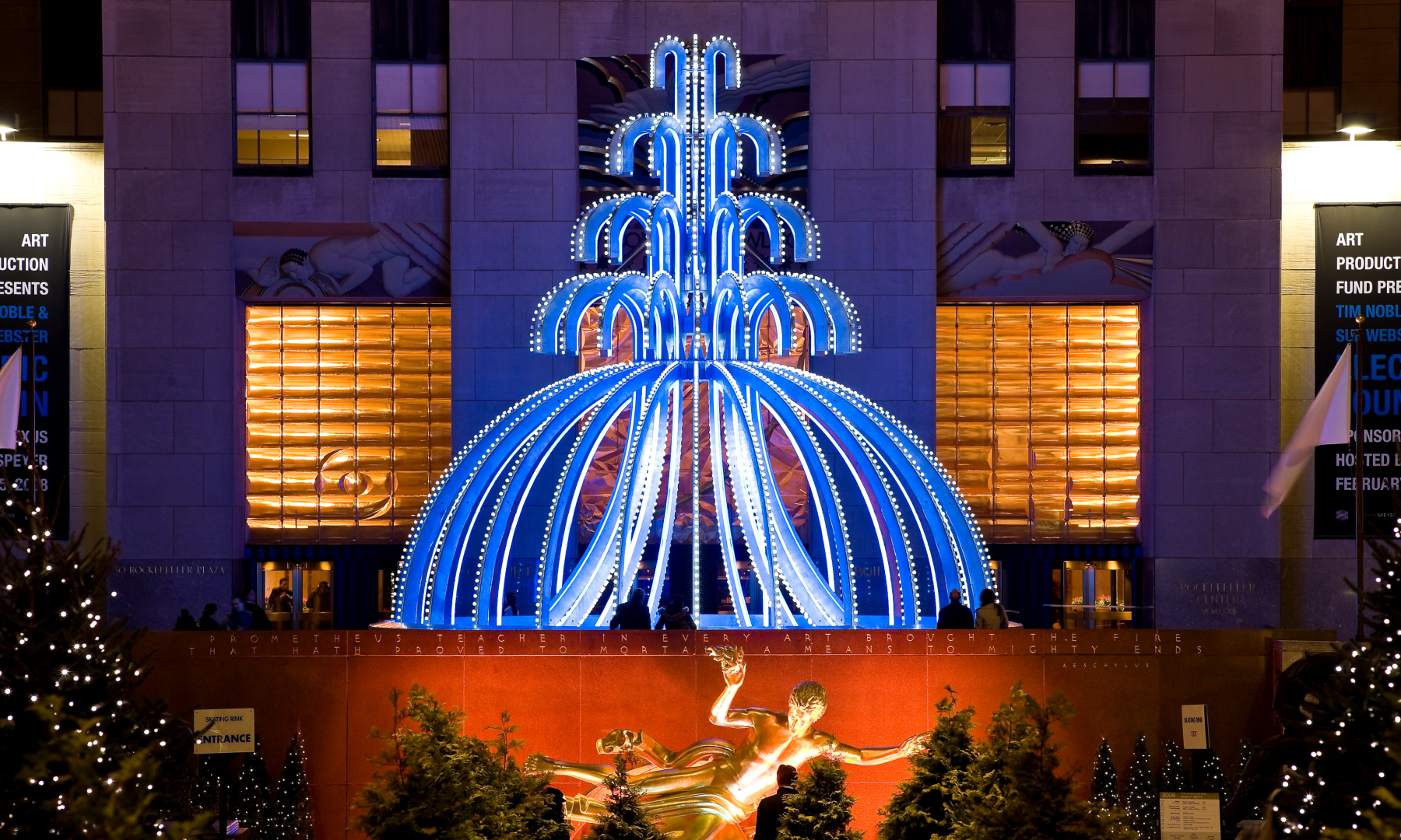 "Electric Fountain," an art piece by Tim Noble and Sue Webster, as seen from The Rink at Rockefeller Center